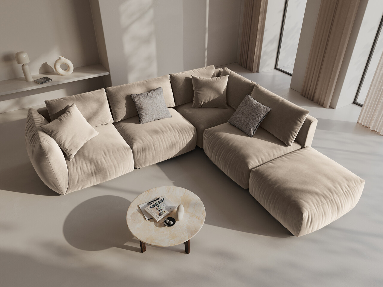 Coltar modular dreapta 4 locuri, Chris-184, Micadoni Home, 295x290x80 cm, catifea, ecru Colțare